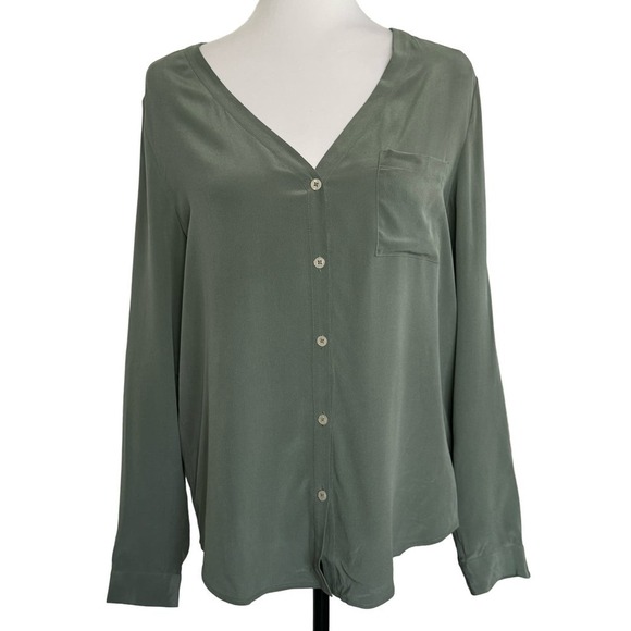 AG Adriano Goldschmied Silk Top Long Sleeve Blouse Button Down Sage Green M - Picture 1 of 11